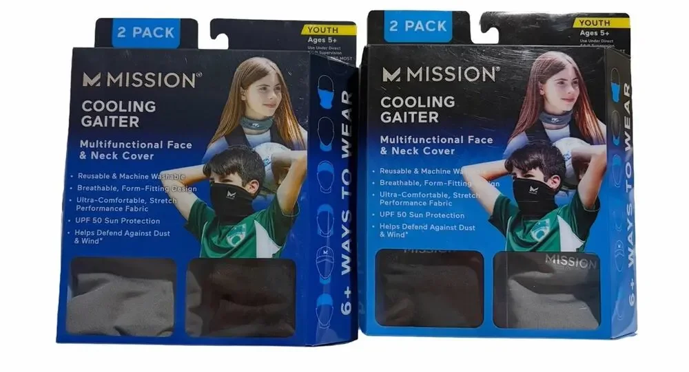 Mission Cooling Gaiter Face Neck Cover Youth Ages 5+ 2 Pack Black Gray Lot of 2